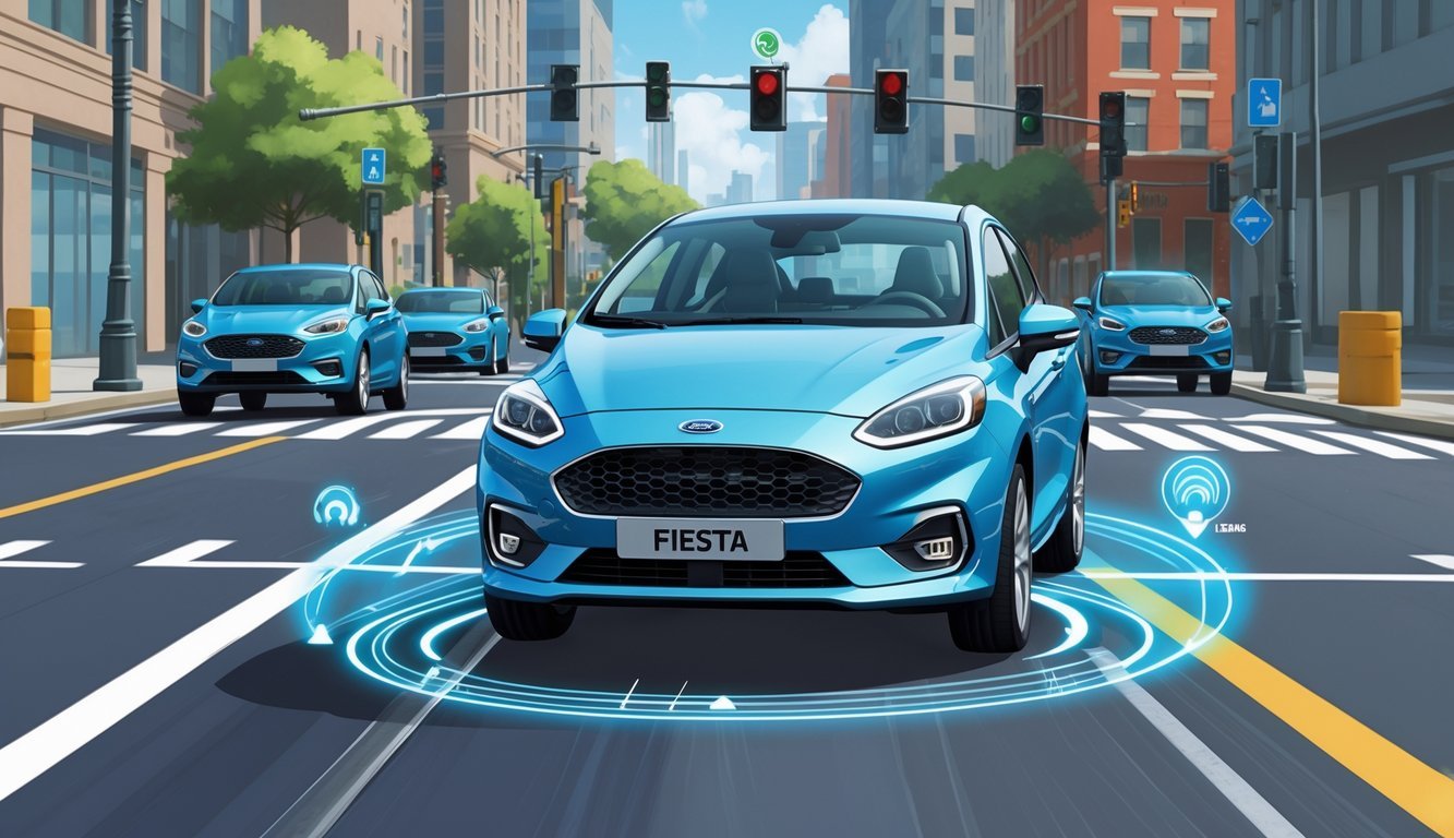 Ford Fiesta na gradskoj cesti s prikazom sigurnosnih i pomoćnih sustava za vozača u radu.