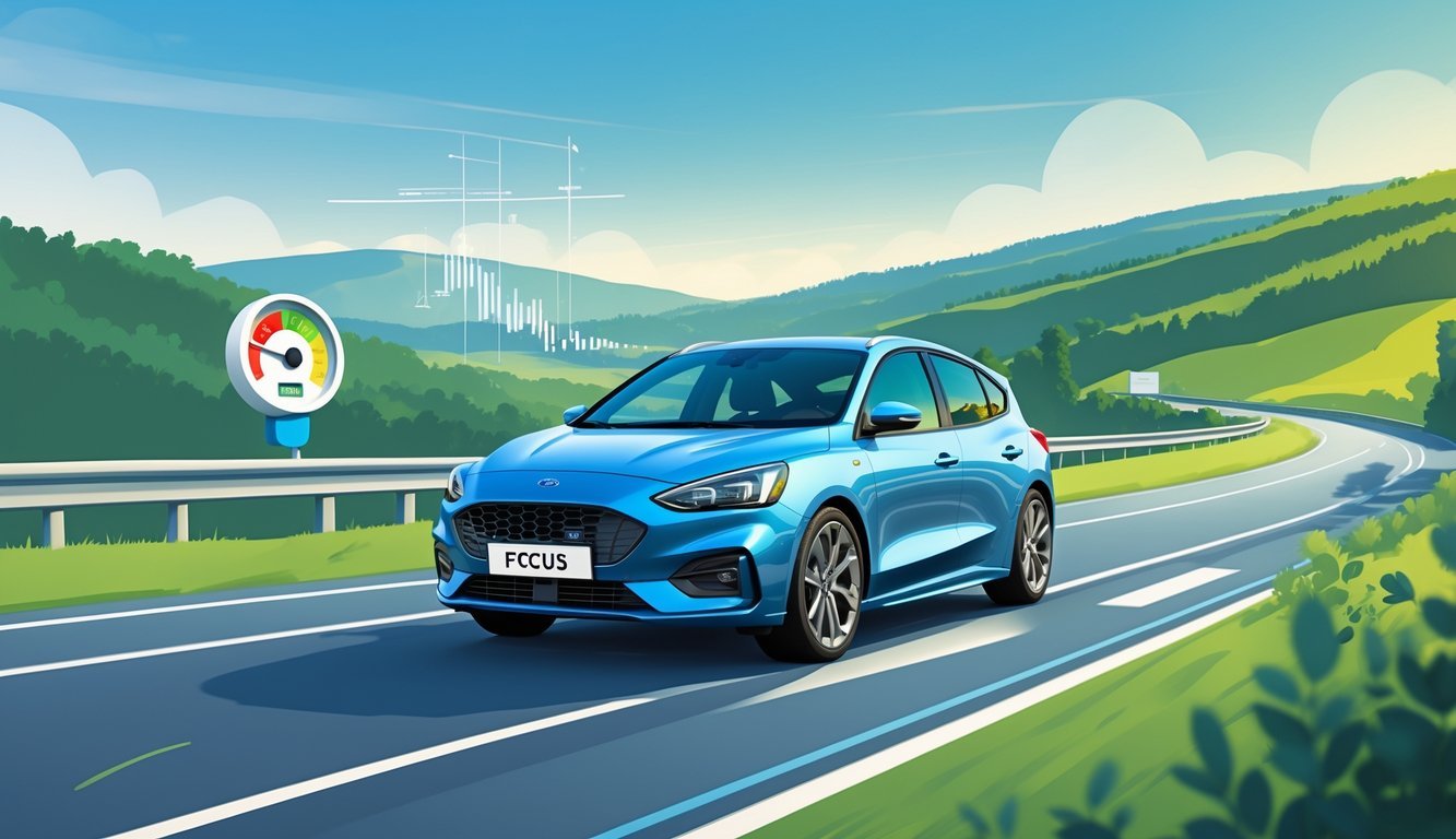 Ford Focus koji vozi cestom okružen zelenim drvećem i brežuljcima, s prikazom pokazivača goriva i grafike troškova u pozadini.