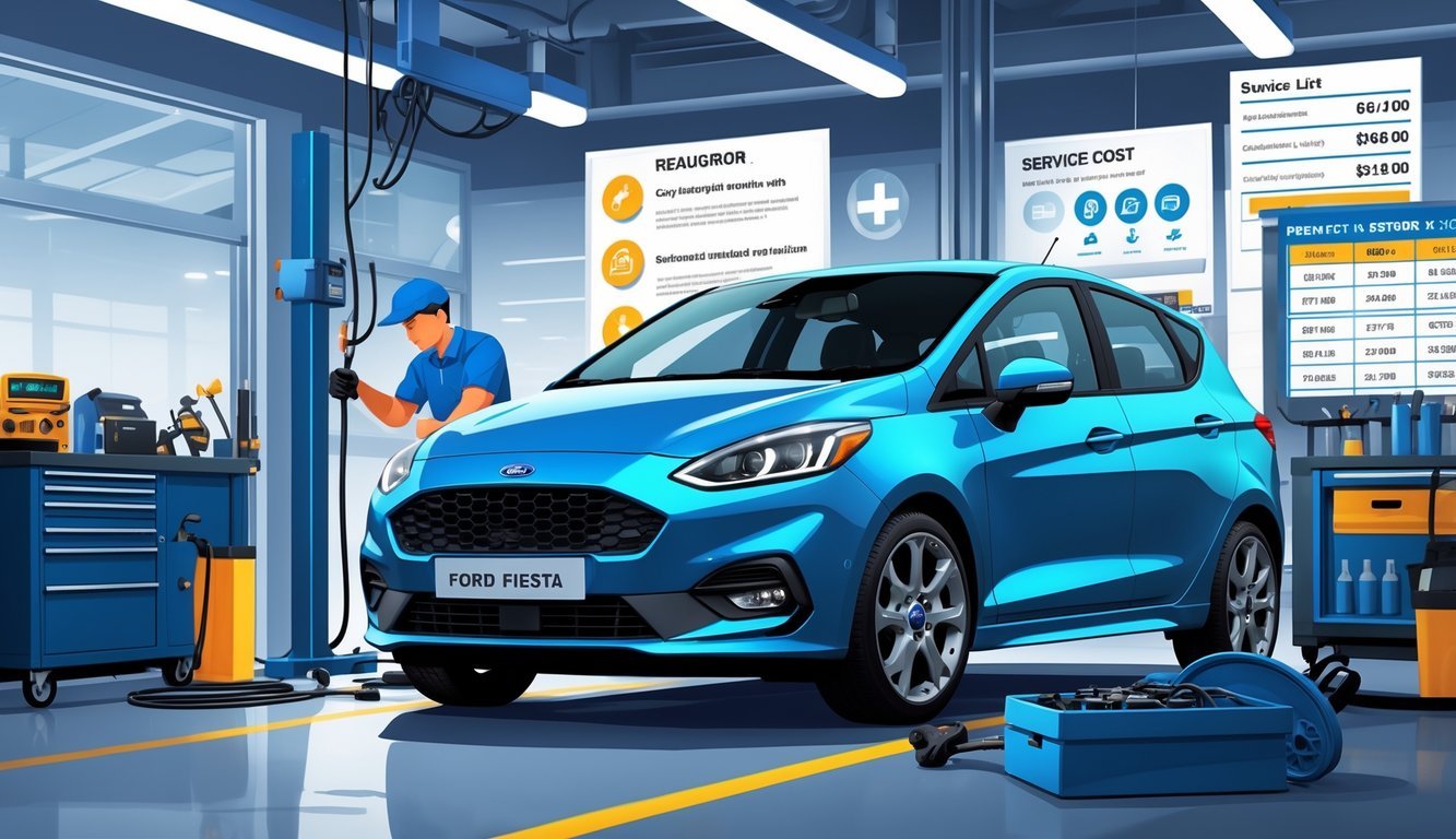 Ford Fiesta u automehaničarskoj radionici s mehaničarom koji popravlja automobil i prikazom tipičnih kvarova i alata.