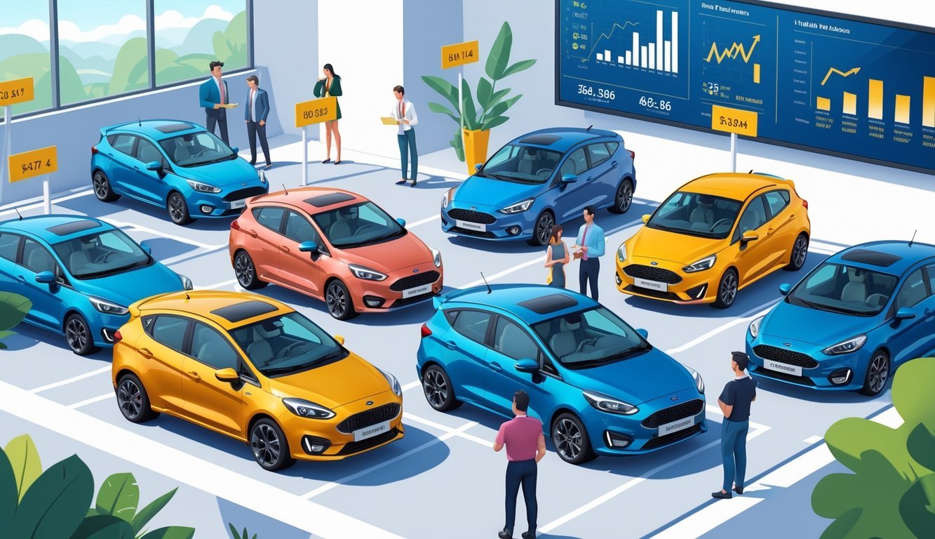 Prikaz nekoliko rabljenih Ford Fiesta automobila na prodajnom mjestu s ljudima koji pregledavaju i razgovaraju o vozilima.