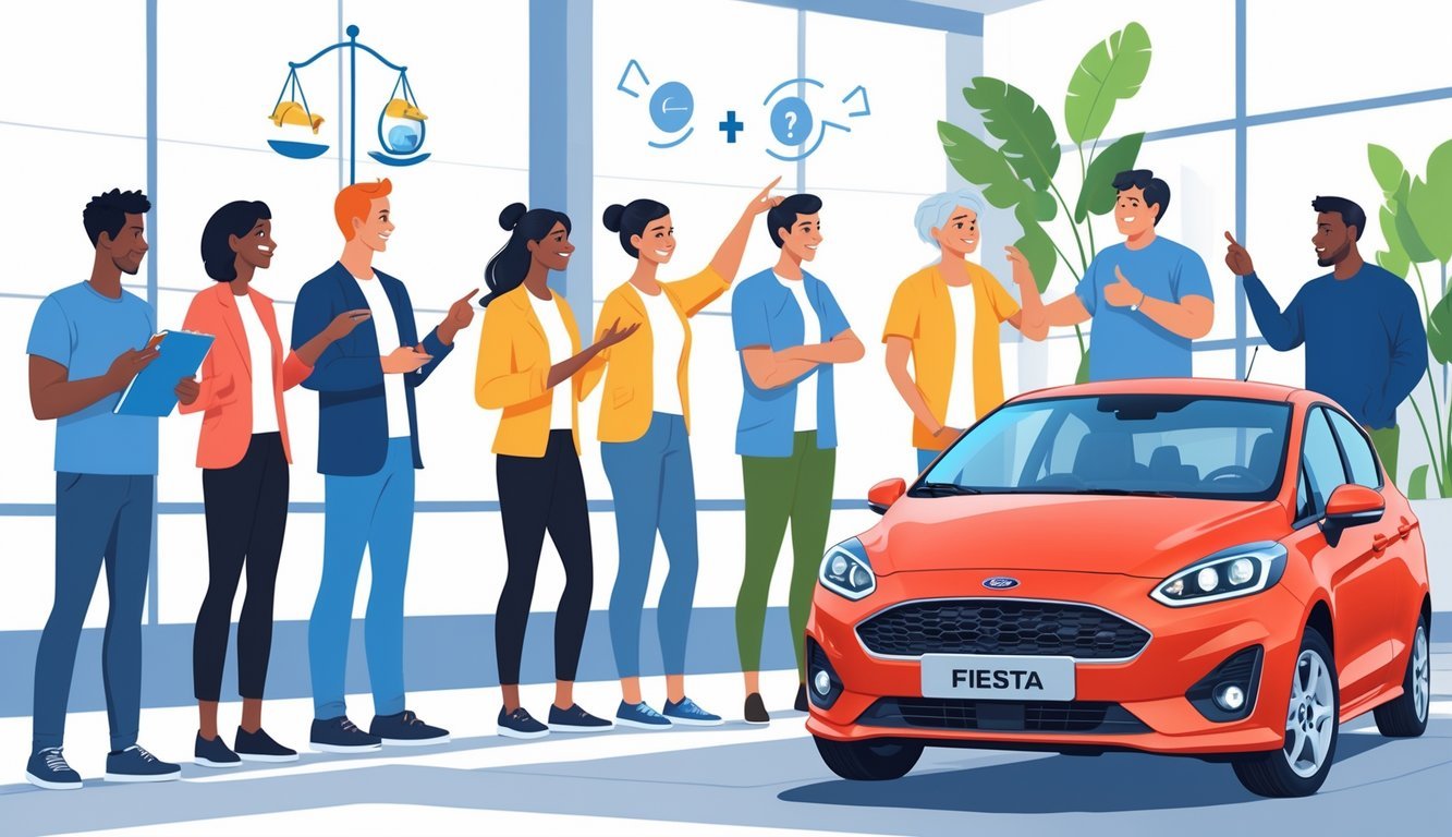 Grupa ljudi razgovara pored crvenog Ford Fieste u svijetlom prostoru, dijeleći svoja iskustva s automobilom.