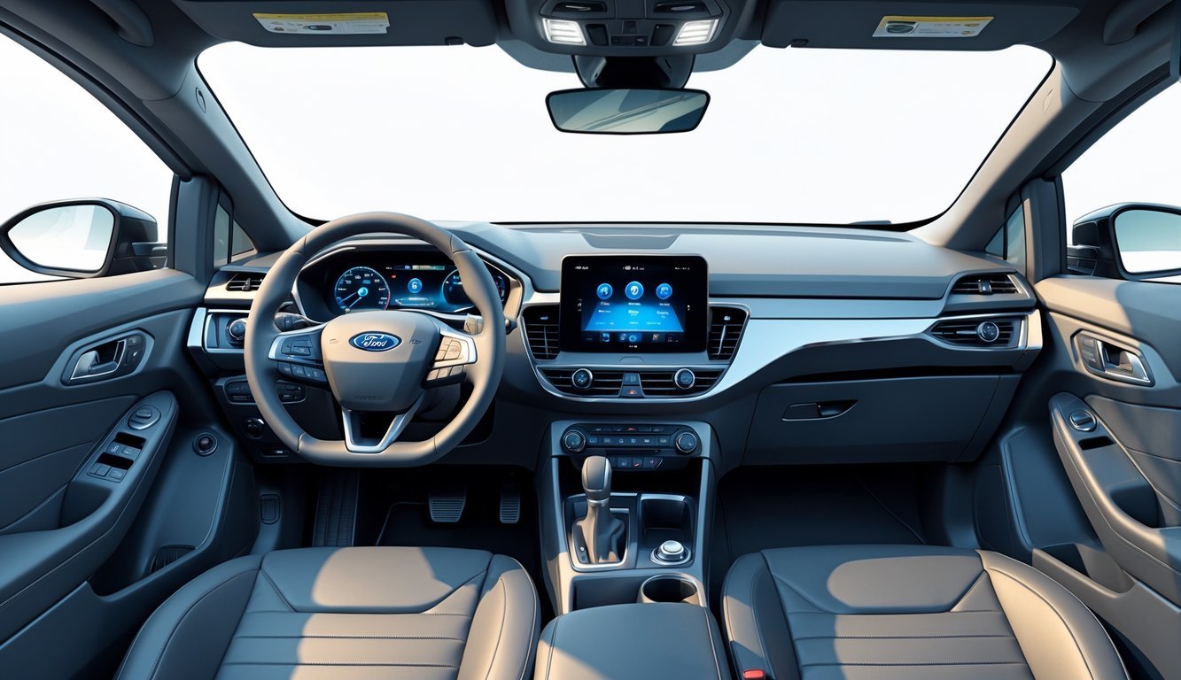 Unutrašnjost Ford Focus automobila s prikazom upravljača, sjedala i modernog infotainment sustava.