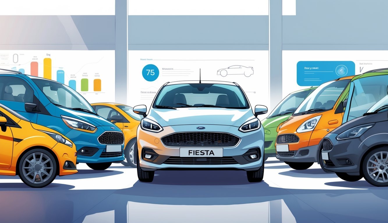 Usporedba nekoliko automobila, uključujući Ford Fiestu, prikazanih jedan pored drugog u prikazu za usporedbu.