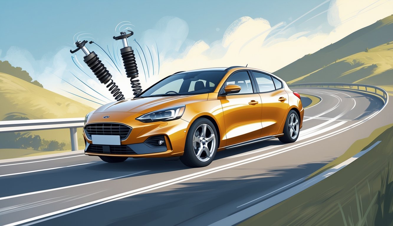 Automobil Ford Focus u vožnji na zavojitoj cesti s naglaskom na suspenziju i osjećaj upravljanja.