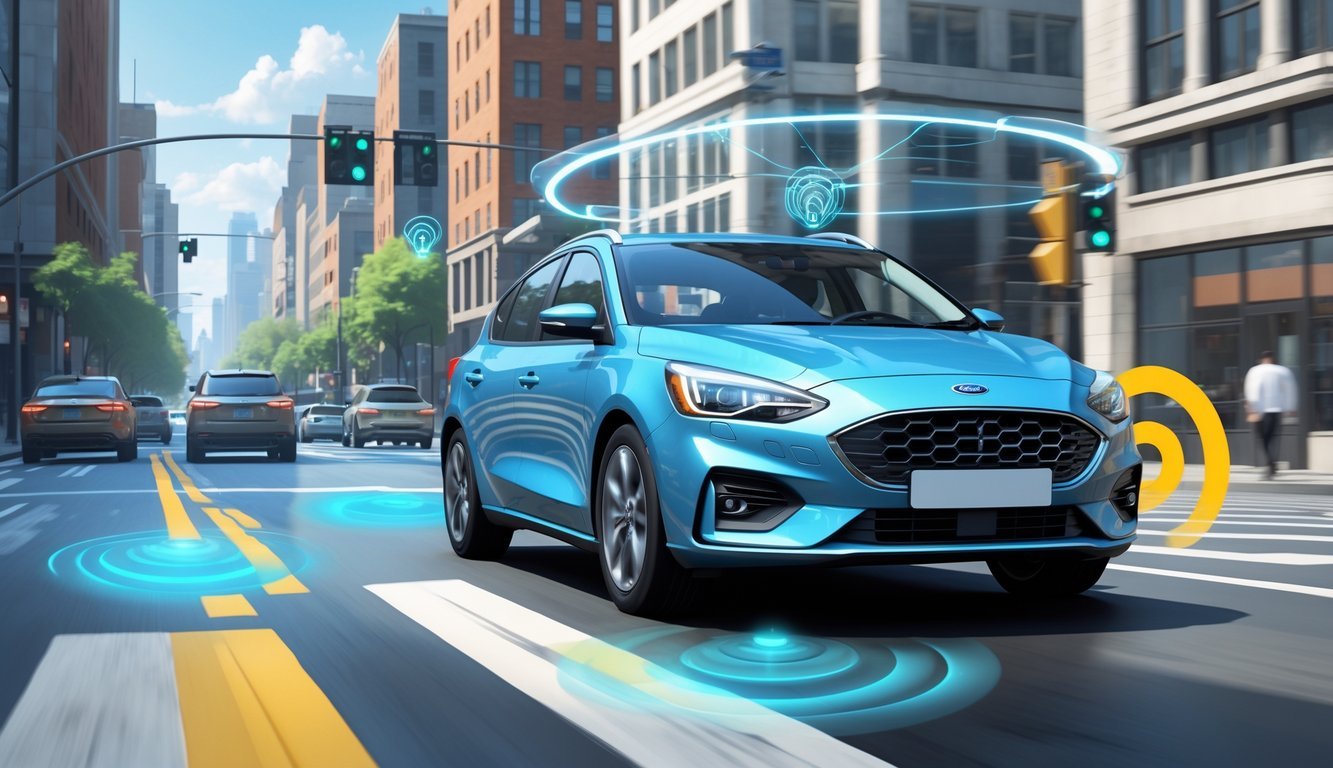 Ford Focus na gradskoj cesti s prikazom sustava pomoći vozaču i sigurnosnih značajki.