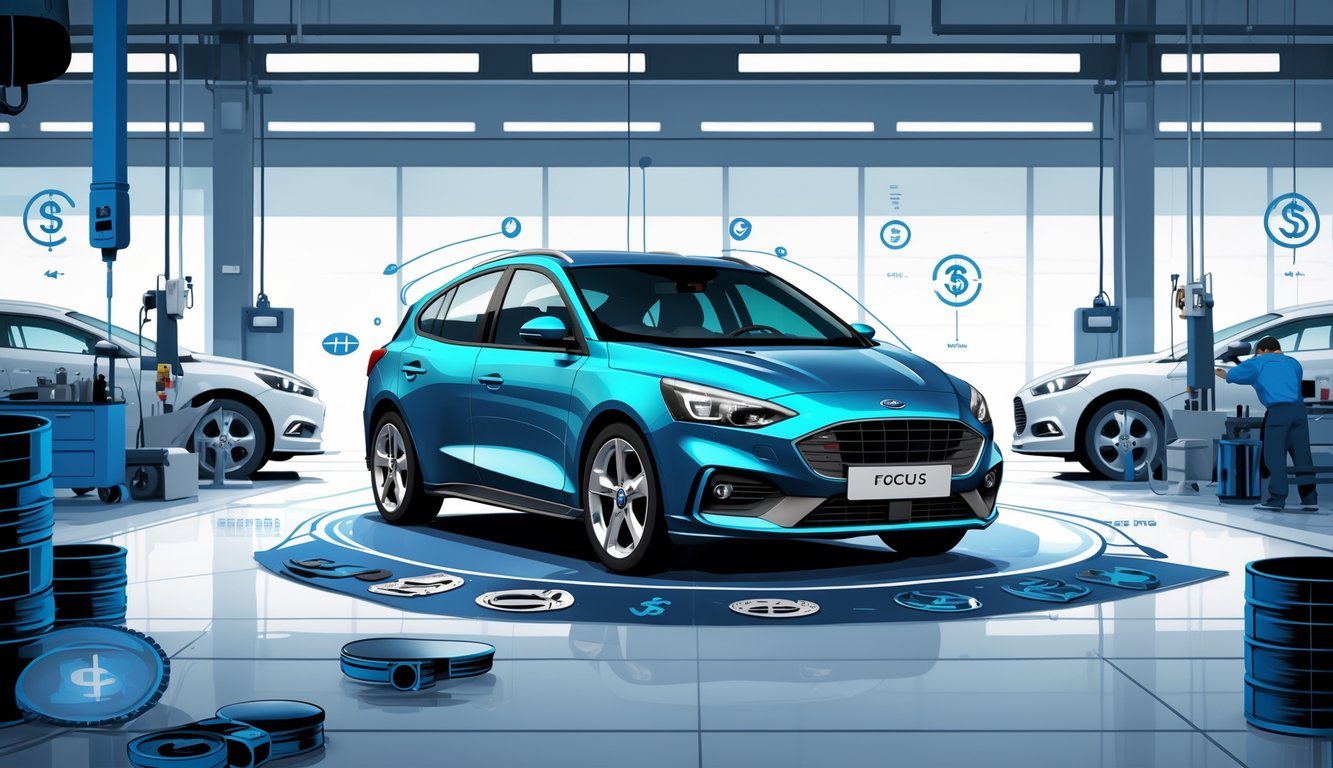 Ford Focus automobil u radionici s prikazom tipičnih kvarova i elemenata servisa.
