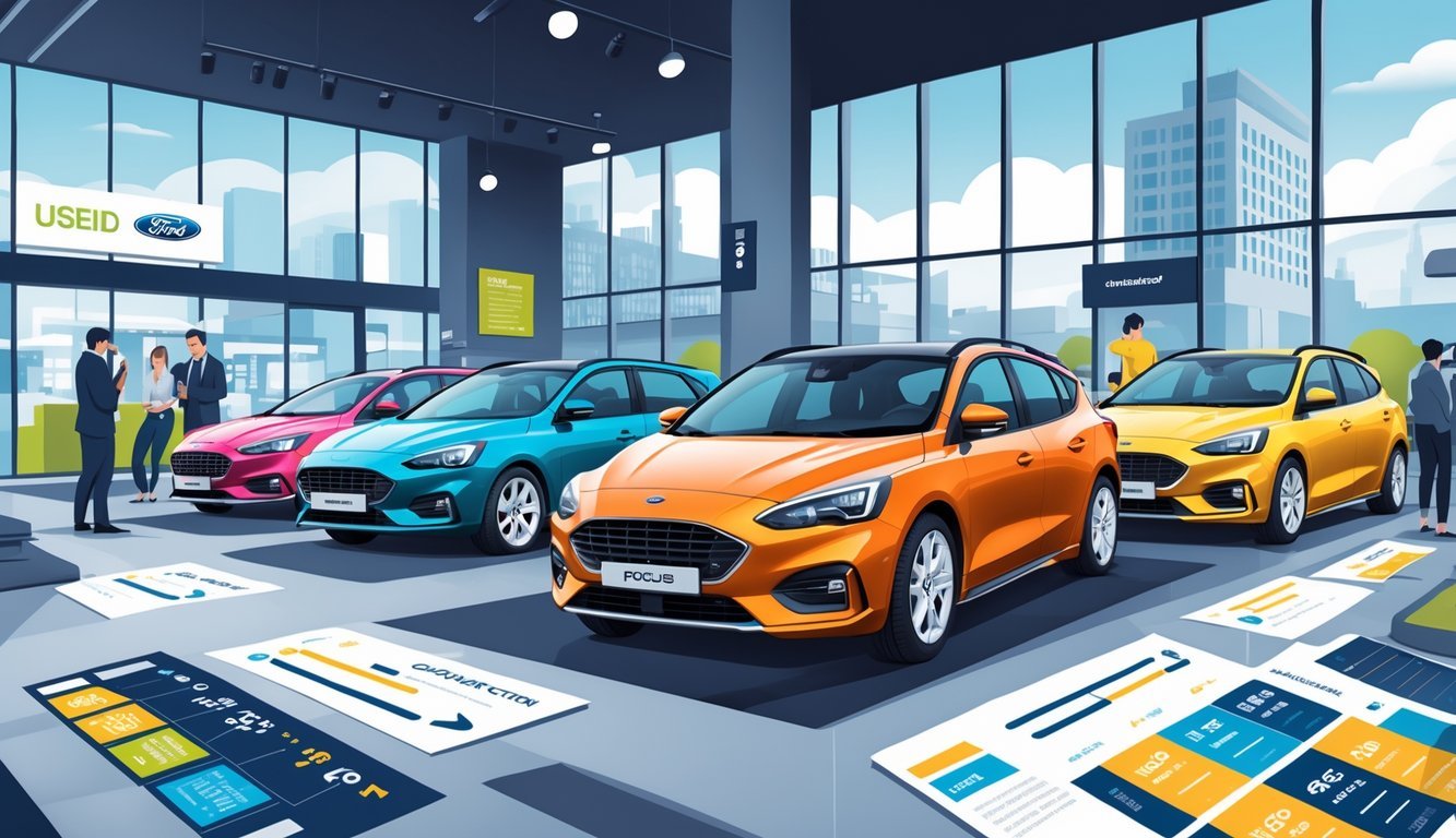 Prikaz nekoliko Ford Focus automobila na izložbi s ljudima koji ih pregledavaju i grafičkim prikazima cijena, opreme i tržišnih trendova u pozadini.
