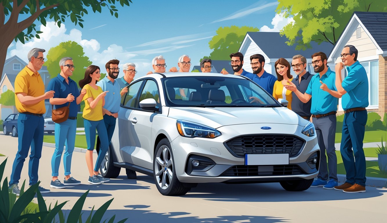 Grupa vlasnika automobila stoji oko Ford Focusa na otvorenom, razgovaraju i razmjenjuju iskustva o vozilu.