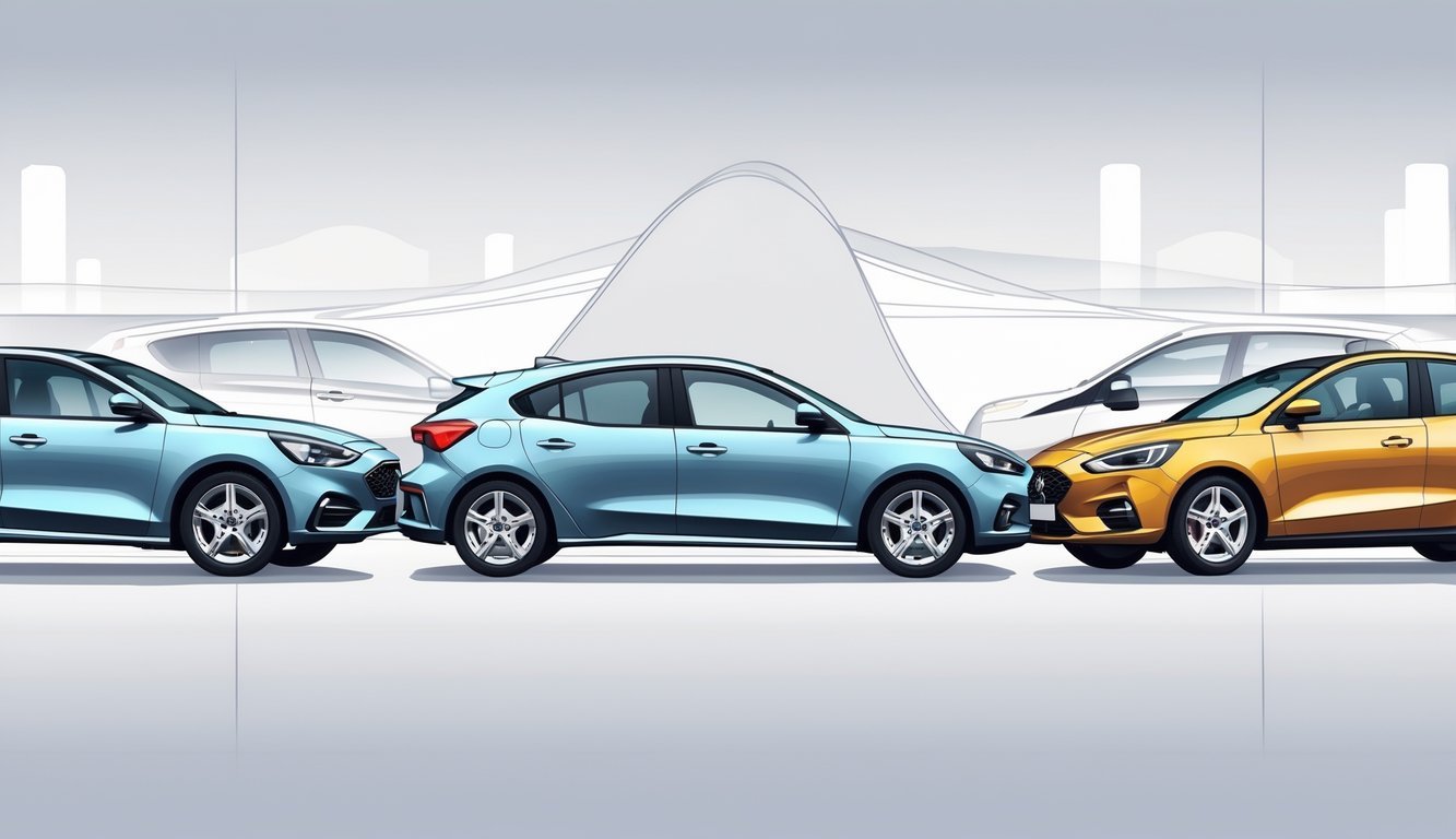 Usporedba nekoliko kompaktnih automobila, uključujući Ford Focus, prikazanih jedan do drugog bez teksta.