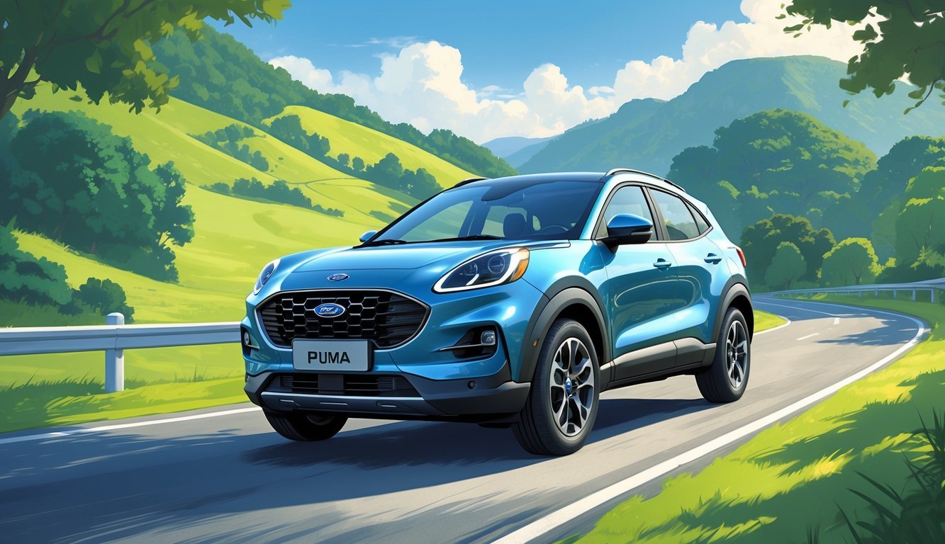 Ford Puma SUV vozi se cestom okruženom zelenim brežuljcima i plavim nebom.