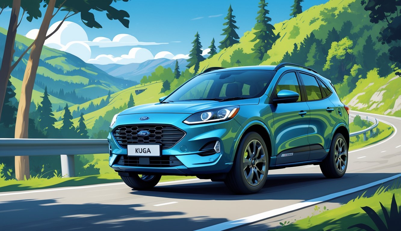 Ford Kuga SUV vozi cestom okruženom zelenim šumama i brdima pod plavim nebom.