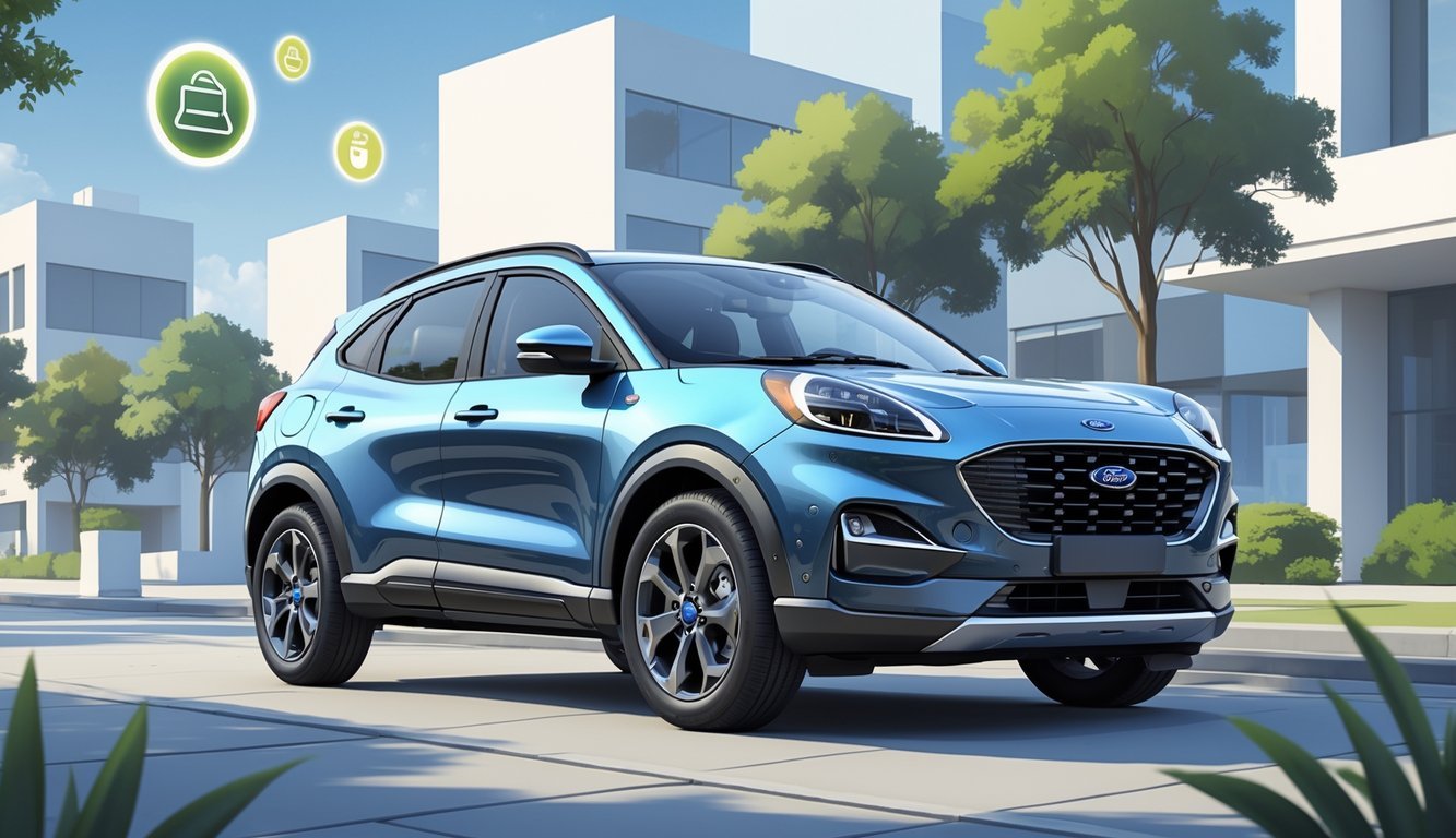 Ford Puma parkiran u urbanom okruženju s prikazom njegovog modernog dizajna i elemenata koji simboliziraju udobnost, sigurnost i tehnologiju.