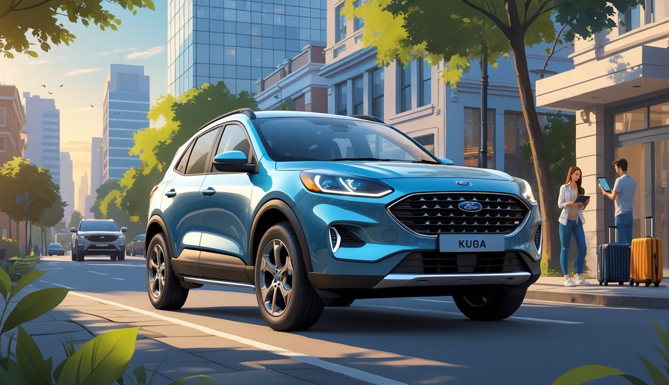 Ford Kuga parkiran na urbanom ulici s obitelji i prirodom u pozadini.