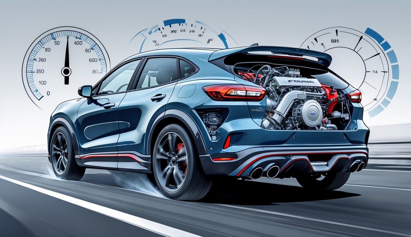 Prikaz Ford Pume u pokretu s vidljivim unutarnjim dijelovima motora i mjenjača.