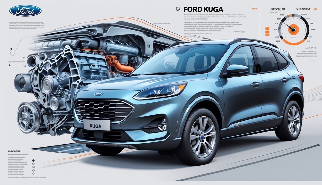 Automobil Ford Kuga s prikazom motora i mjenjača u detaljnom prikazu.