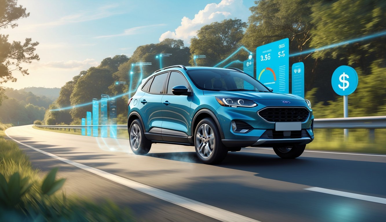 Ford Kuga SUV na cesti okružen prirodom, s prikazom simbola za potrošnju goriva i troškove vožnje.