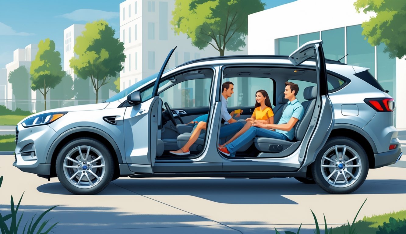 Ford Kuga s otvorenim vratima i prostranim unutrašnjim prostorom, obitelj od četiri osobe udobno sjedi unutar vozila, u modernom gradskom okruženju.