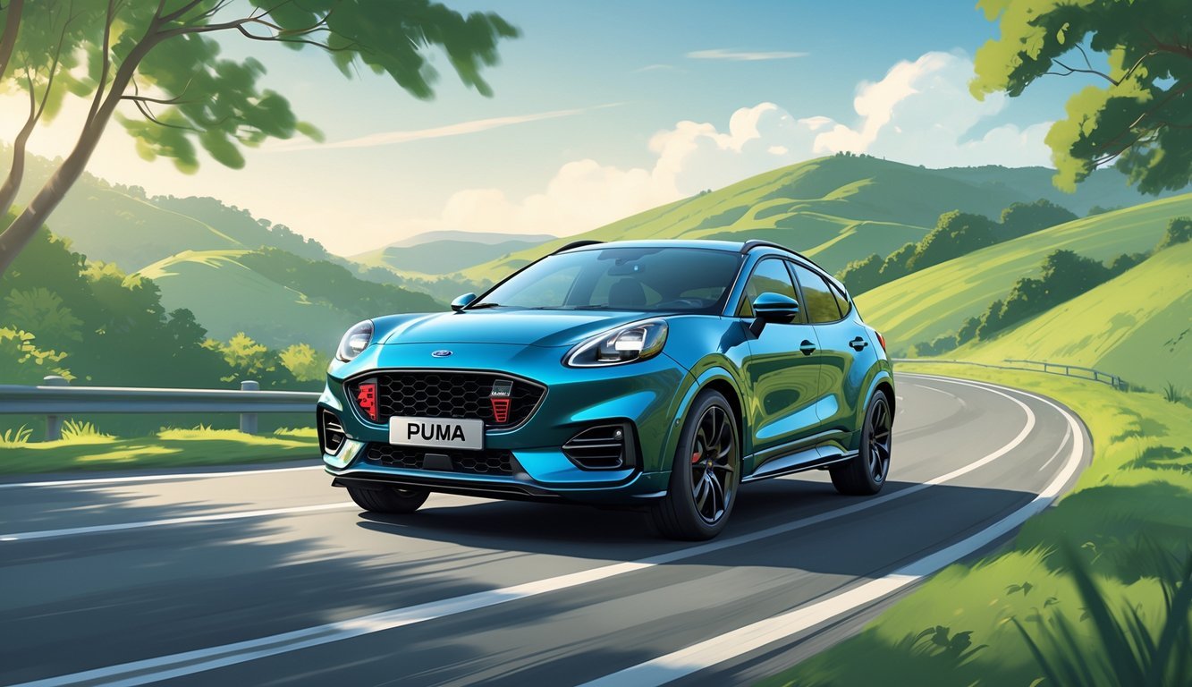 Ford Puma na vijugavoj cesti okruženoj zelenilom, prikazan u pokretu s naglaskom na vožnju i ovjes.