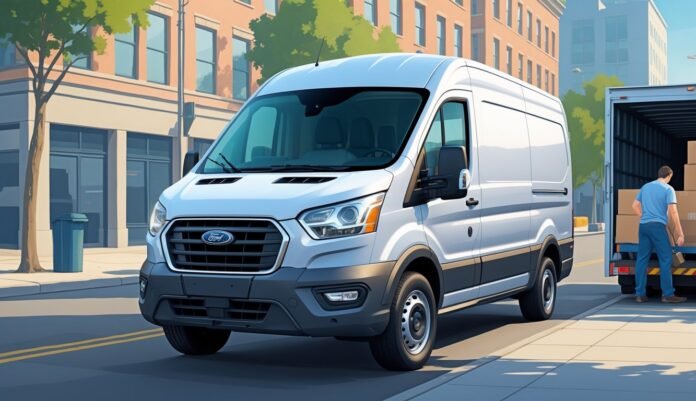 Ford Transit kombi parkiran na gradskoj ulici pored utovarnog mjesta s osobom koja nosi teret.