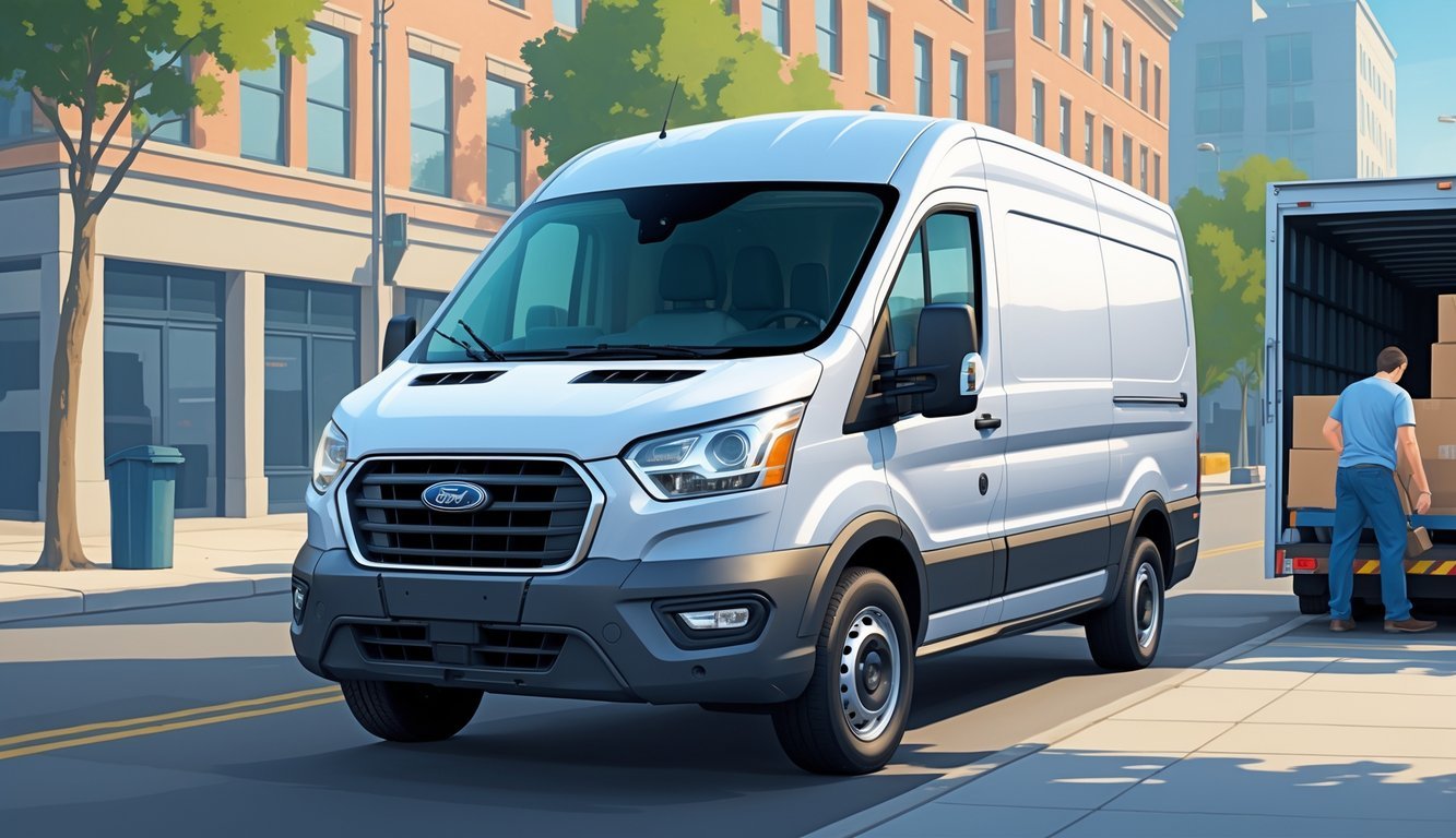 Ford Transit kombi parkiran na gradskoj ulici pored utovarnog mjesta s osobom koja nosi teret.
