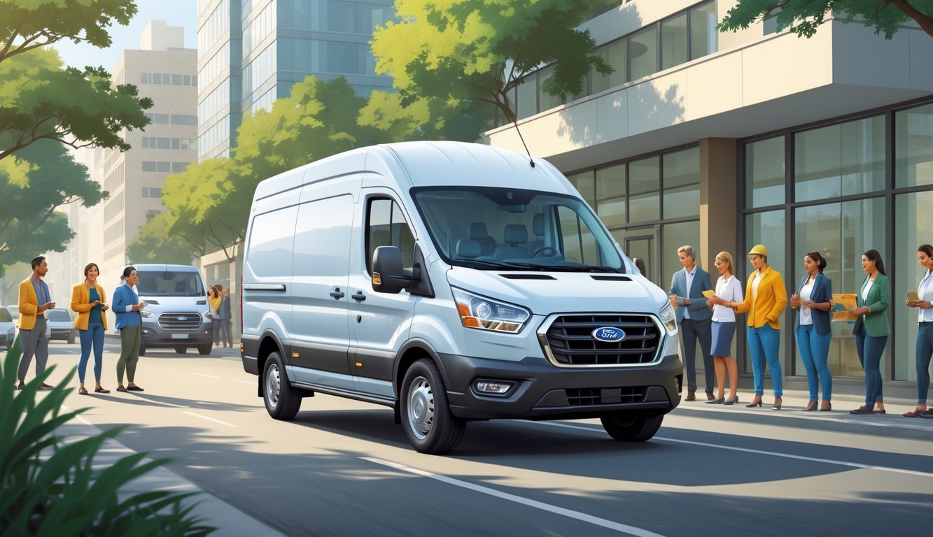 Ford Transit kombi na gradskoj ulici s ljudima različitih zanimanja oko njega.