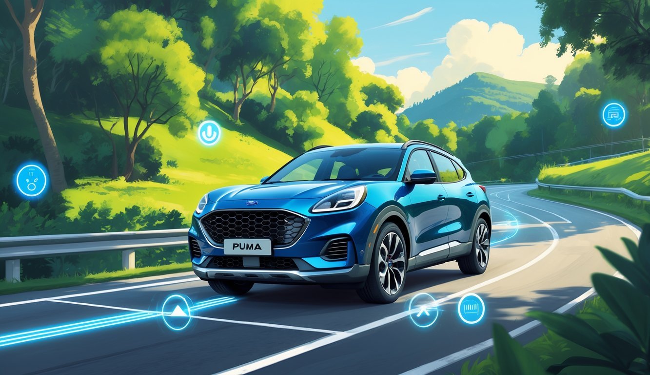 Ford Puma na cesti okružen zelenilom s prikazom sigurnosnih sustava u funkciji.