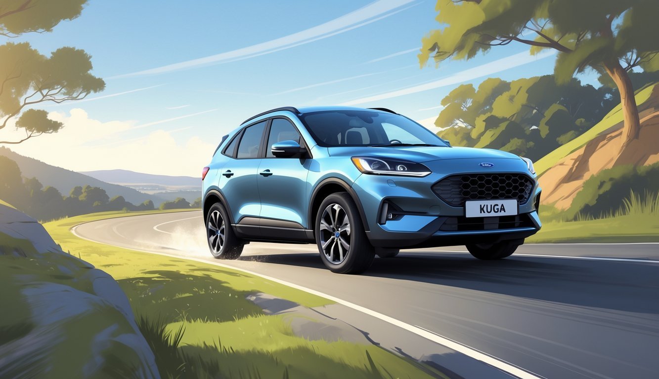 Ford Kuga SUV vozi zavojitu cestu kroz prirodni krajolik s brežuljcima i drvećem.