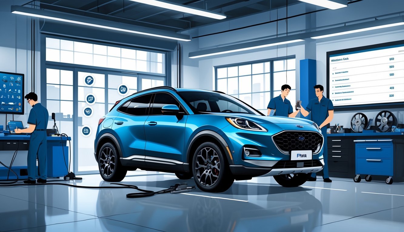 Ford Puma parkiran u autoservisu dok mehaničari pregledavaju automobil i dijagnosticiraju kvarove.