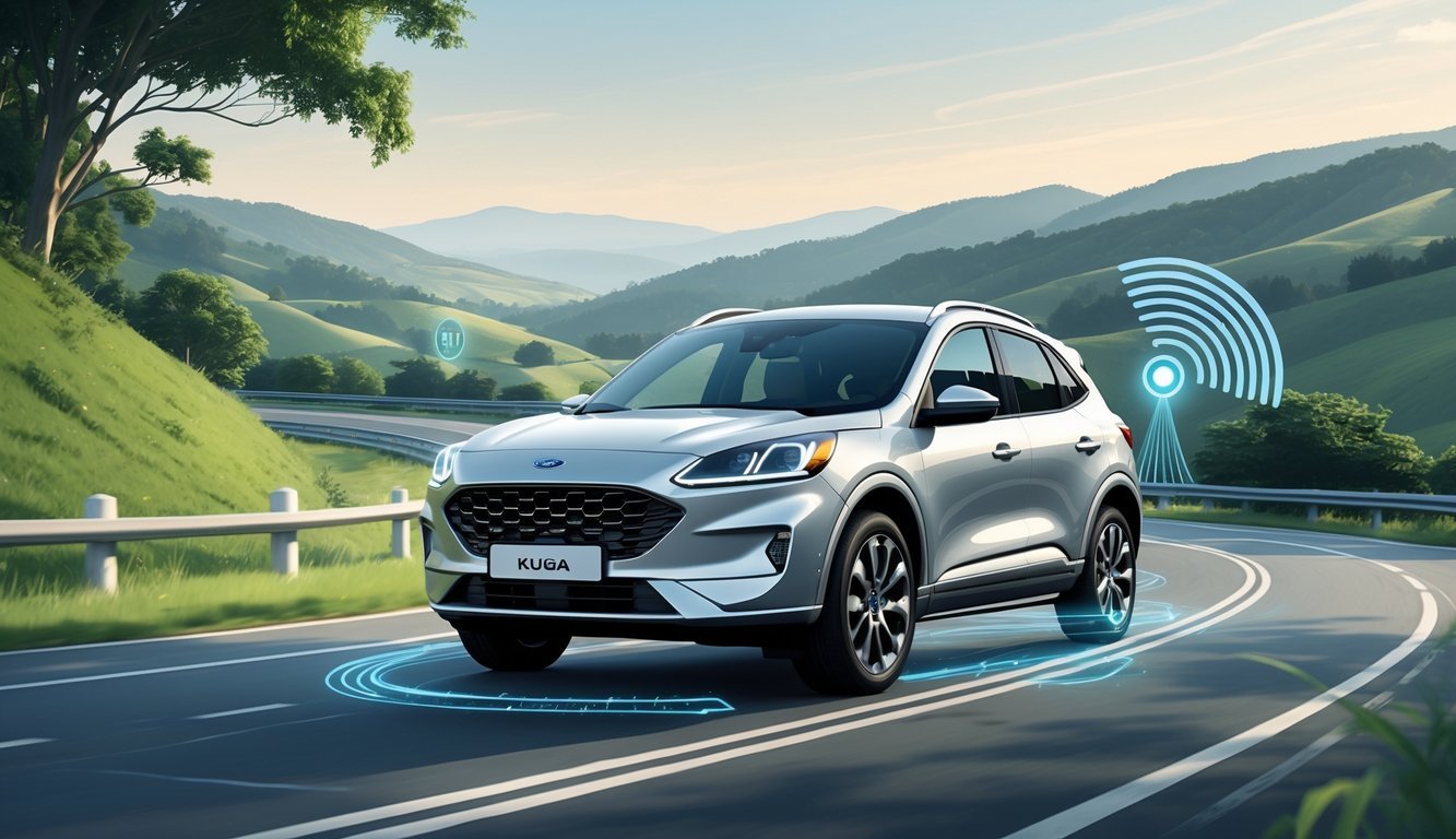 Ford Kuga automobil na cesti okružen zelenilom s prikazom sigurnosnih i pomoćnih sustava vozaču.