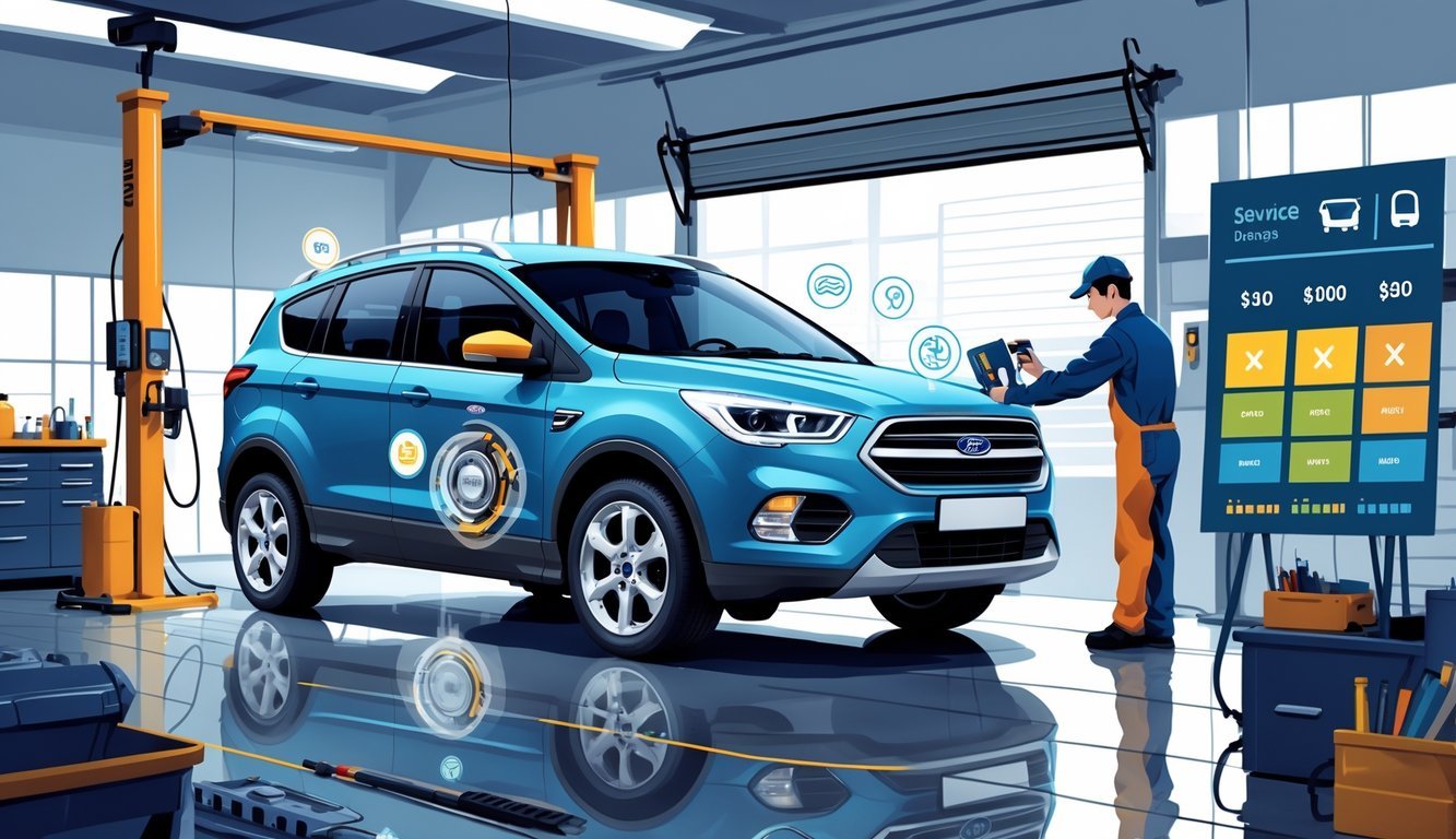 Ford Kuga u servisnoj radionici gdje mehaničar pregledava automobil, s prikazom dijelova vozila i grafikama koje ilustriraju tipične kvarove i cijene servisa.