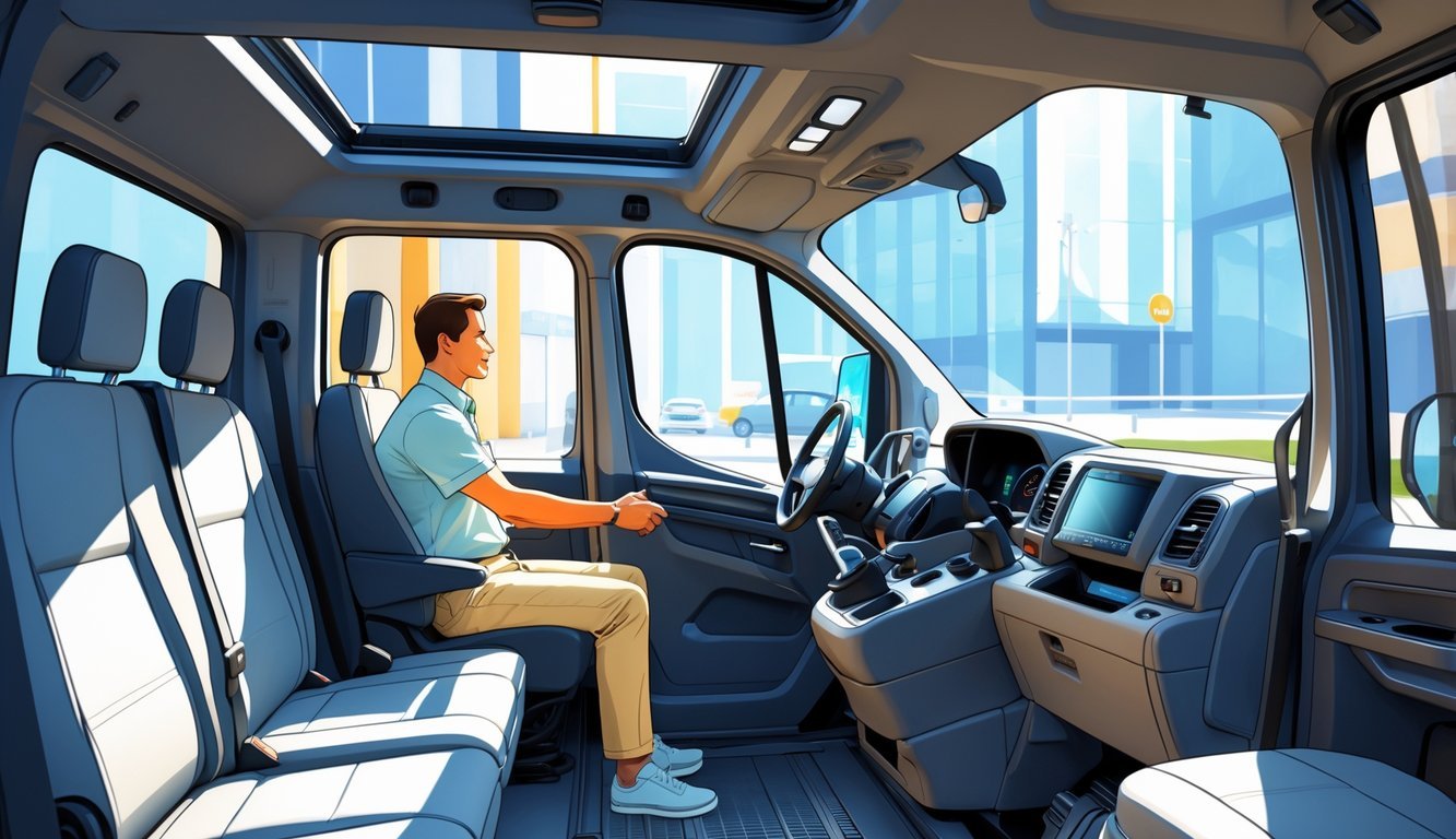 Unutrašnjost Ford Transit vozila s udobnim sjedalima i prostranim prostorom za putnike i teret.