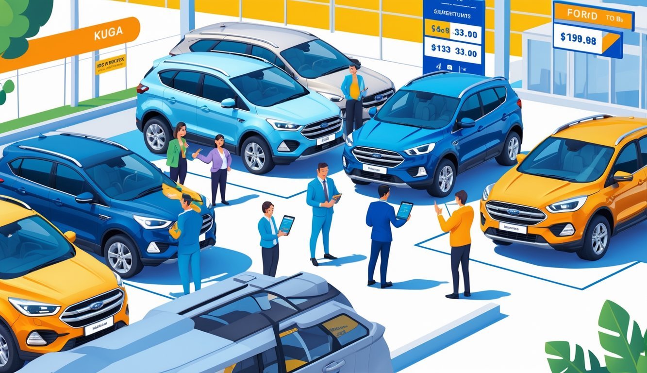 Ljudi pregledavaju rabljene Ford Kuga automobile na parkiralištu prodavača automobila.