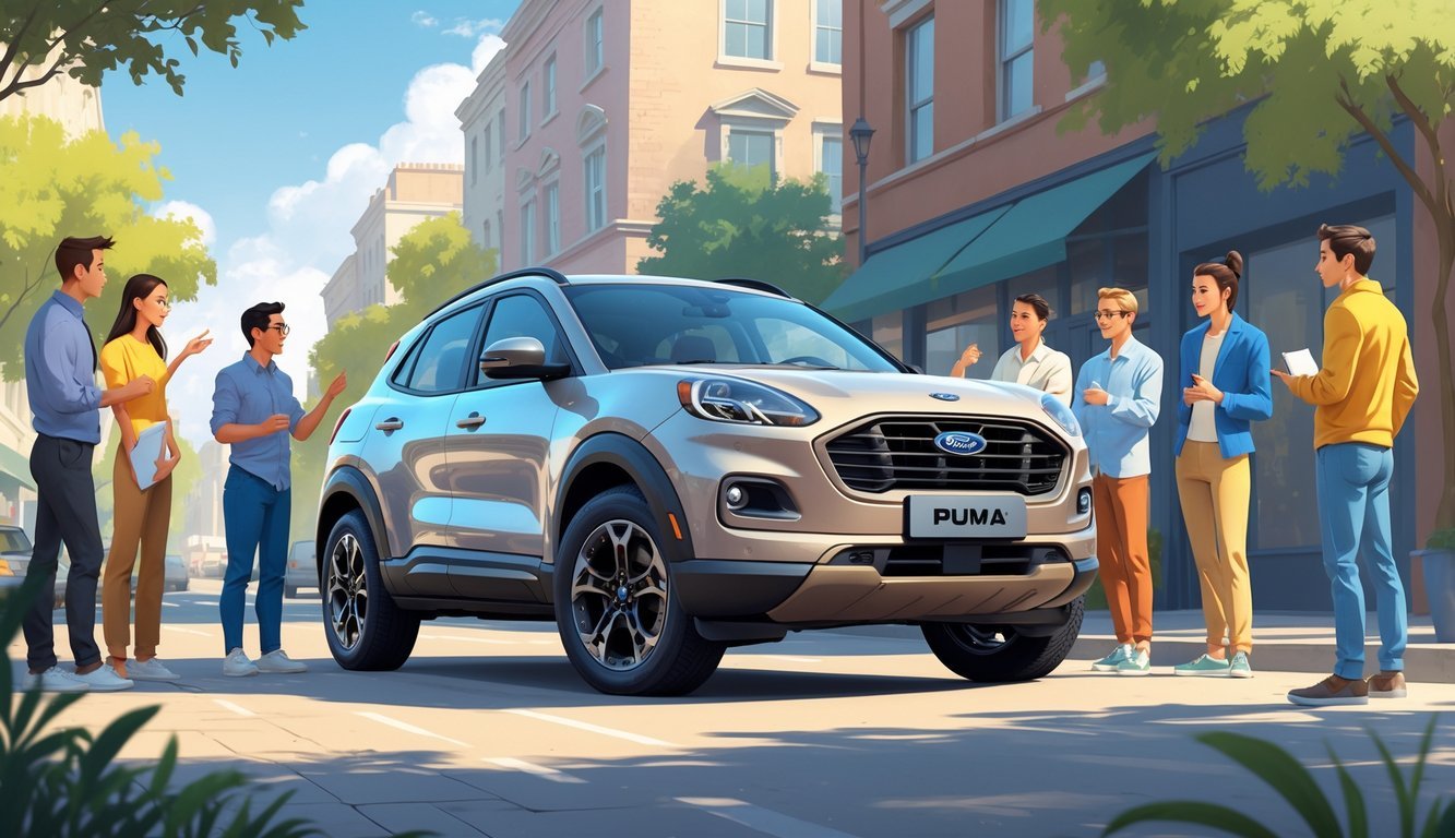 Grupa ljudi razgovara i dijeli iskustva pored parkiranog Ford Pume na gradskoj ulici.