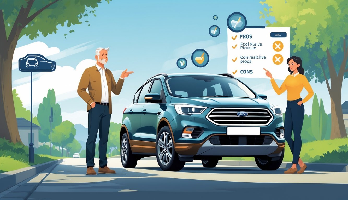 Čovjek i žena stoje pored Ford Kuga automobila na ulici, razgovaraju o prednostima i manama vozila.