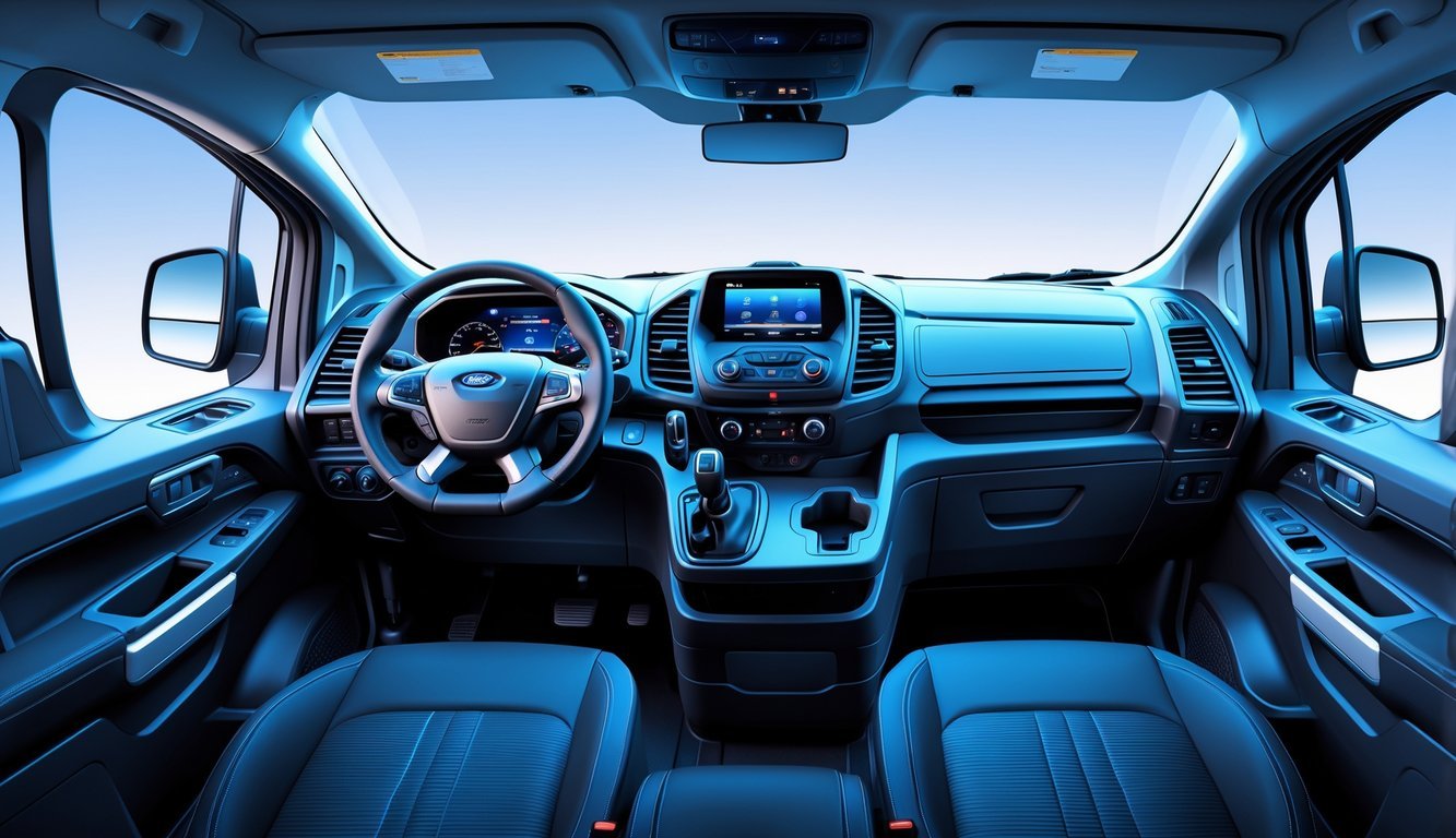 Unutrašnjost Ford Transit vozila s kvalitetnim materijalima i modernim infotainment sustavom.