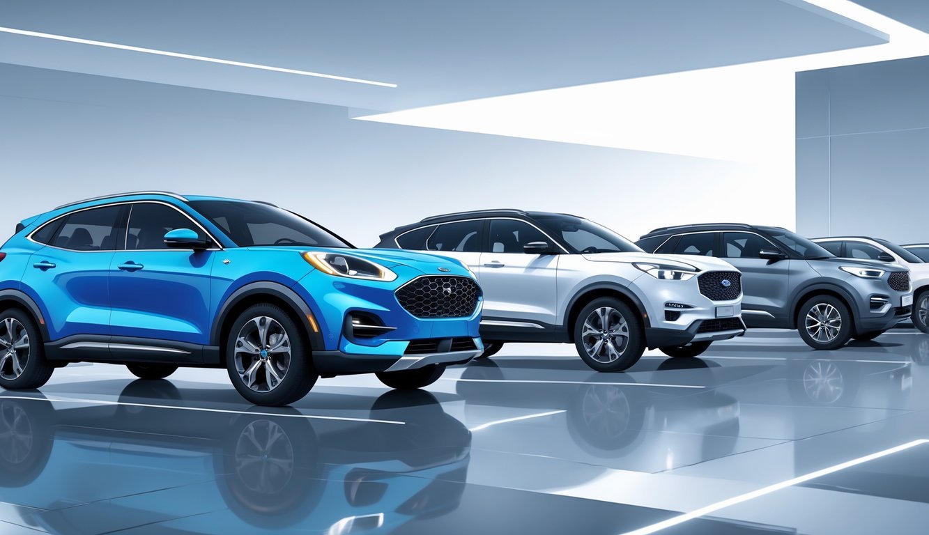 Tri moderna kompaktna crossover vozila parkirana jedno do drugog u izložbenom prostoru, prikazujući njihove dizajnerske detalje.