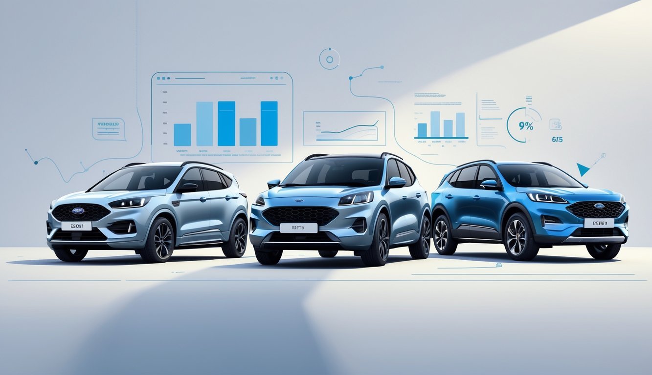 Tri suv vozila postavljena jedno do drugog, s naglaskom na Ford Kuga, okružena grafičkim prikazima usporedbe performansi.