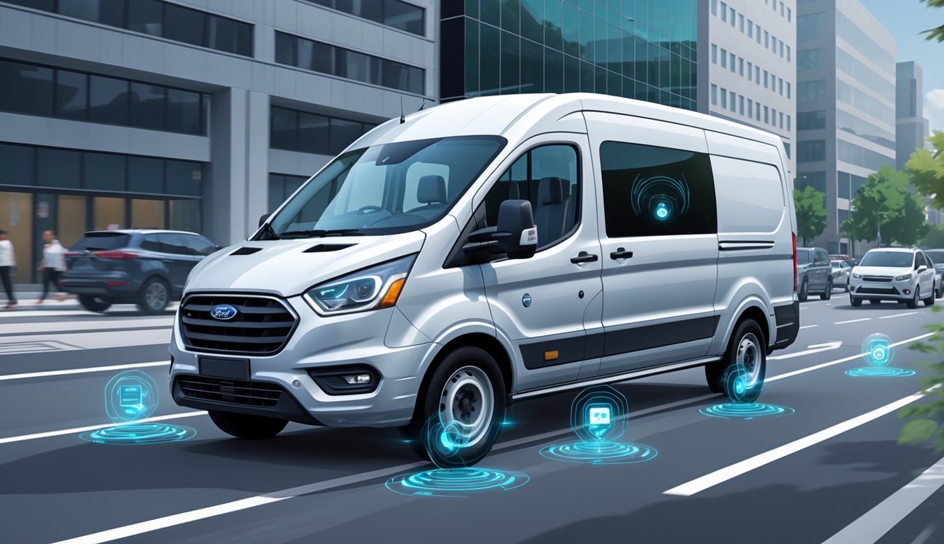 Ford Transit kombi na cesti s prikazom sigurnosnih sustava i pomoćnih tehnologija za vozača.