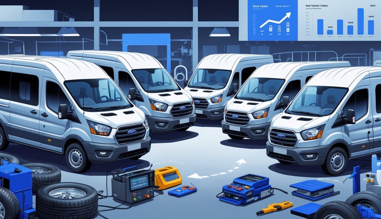 Prikaz više rabljenih Ford Transit vozila u okruženju tržišta s opremom i alatima za održavanje u pozadini.
