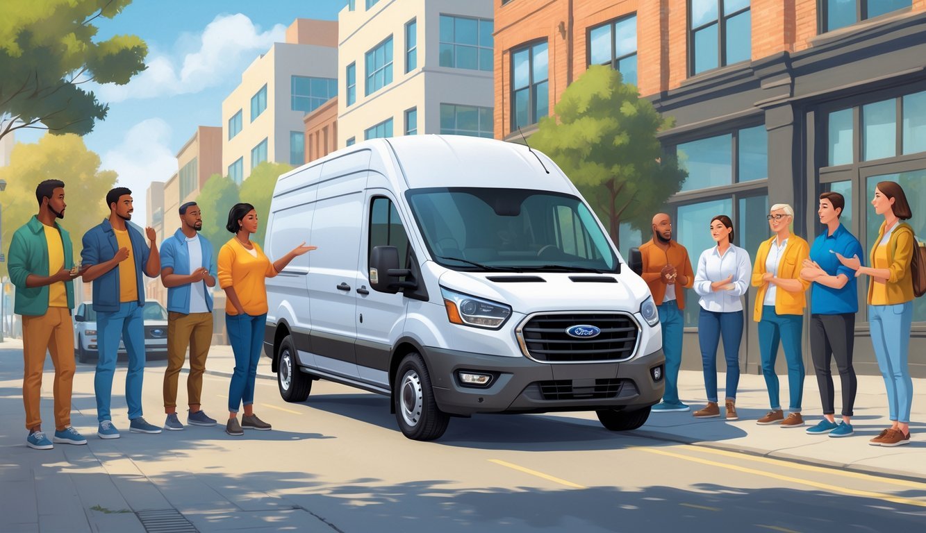 Grupa ljudi okupljena oko Ford Transit kombija u gradskom okruženju, razgovaraju i dijele svoja iskustva.