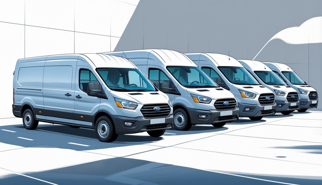 Više kombija parkiranih jedan do drugoga za usporedbu, s Ford Transitom u sredini.