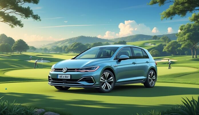 Volkswagen Golf 6 parkiran na zelenom golf terenu s nekoliko igrača golfa u pozadini.