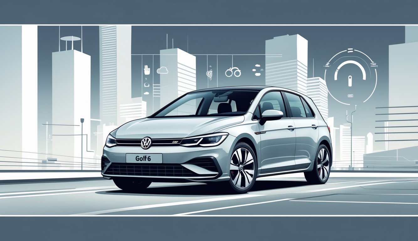 Prikaz automobila Volkswagen Golf 6 u urbanom okruženju s grafičkim elementima koji simboliziraju iskustva korisnika.
