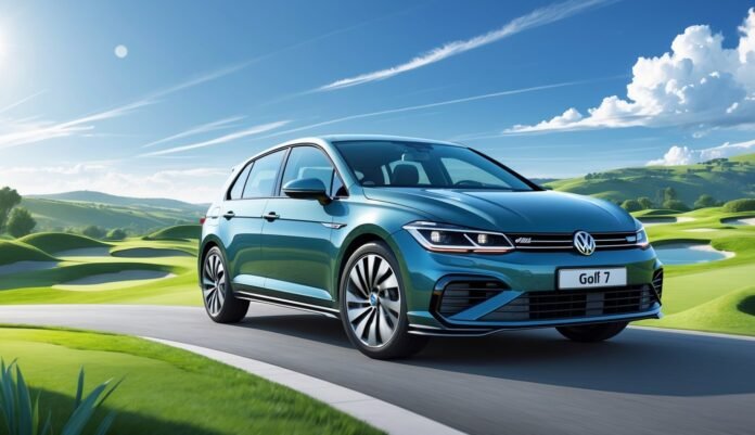 Volkswagen Golf 7 automobil vozi uz golf teren s zelenim brežuljcima i plavim nebom.