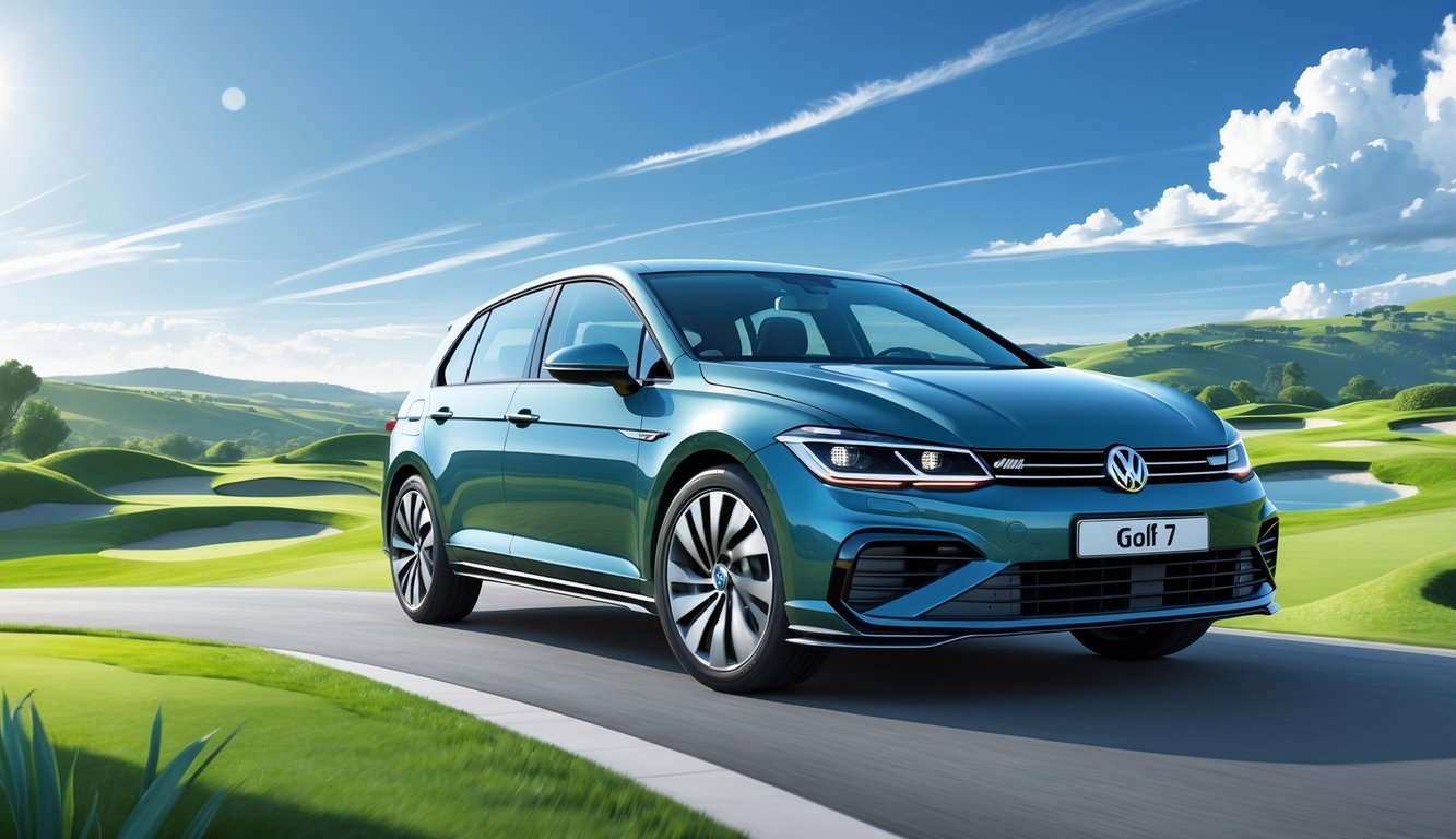 Volkswagen Golf 7 automobil vozi uz golf teren s zelenim brežuljcima i plavim nebom.