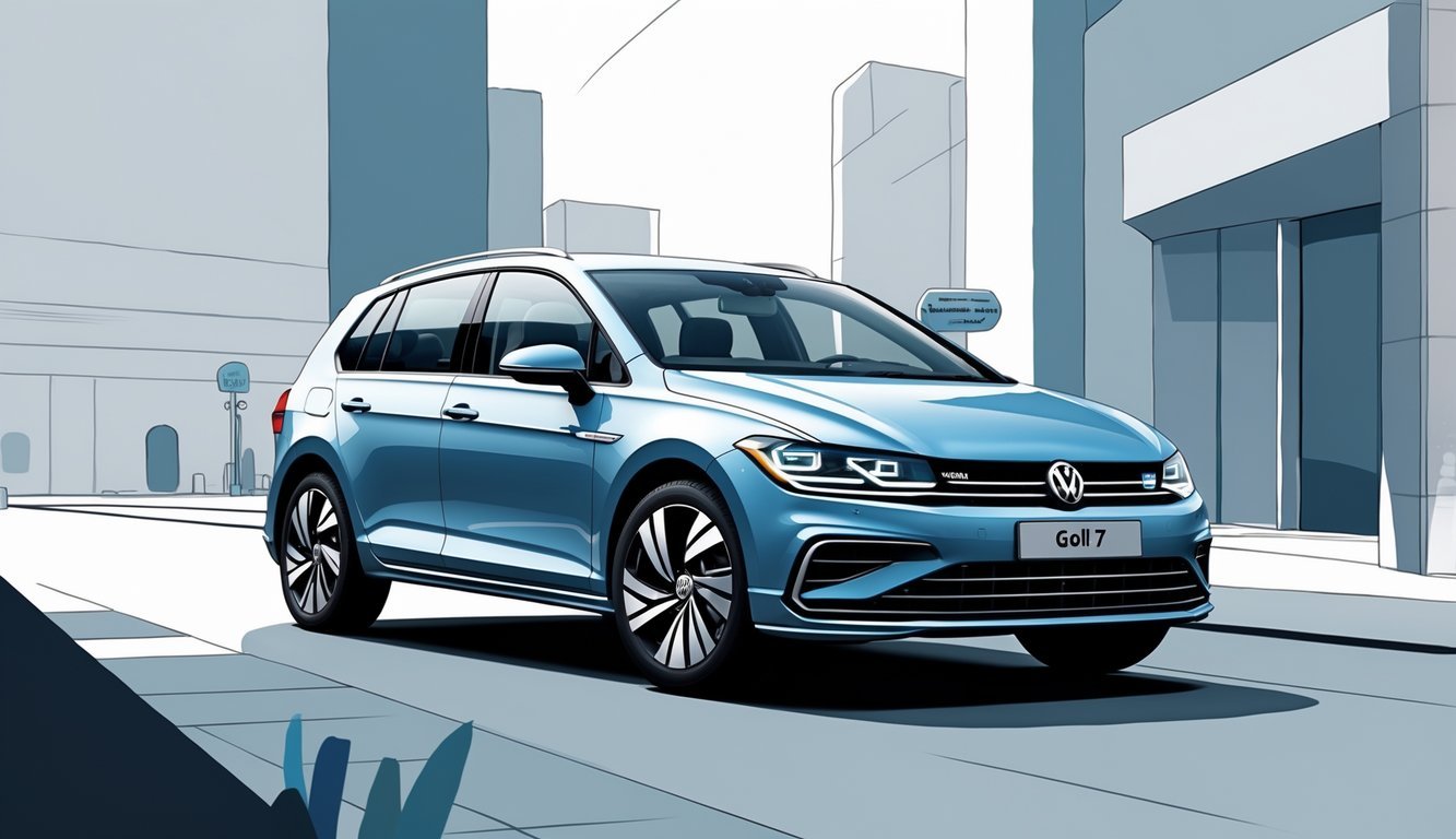 Volkswagen Golf 7 automobil parkiran u urbanom okruženju s prikazom elemenata koji simboliziraju iskustva korisnika.