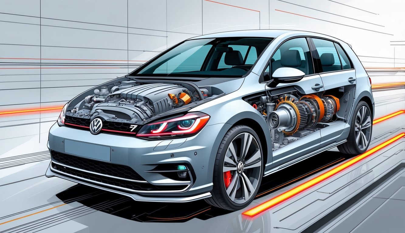 Prikaz unutarnjih dijelova motora i mjenjača automobila Golf 7 s naglaskom na performanse.