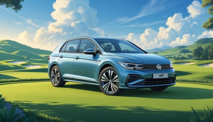 Volkswagen Golf 8 parkiran na golf igralištu s zelenim brežuljcima i plavim nebom u pozadini.