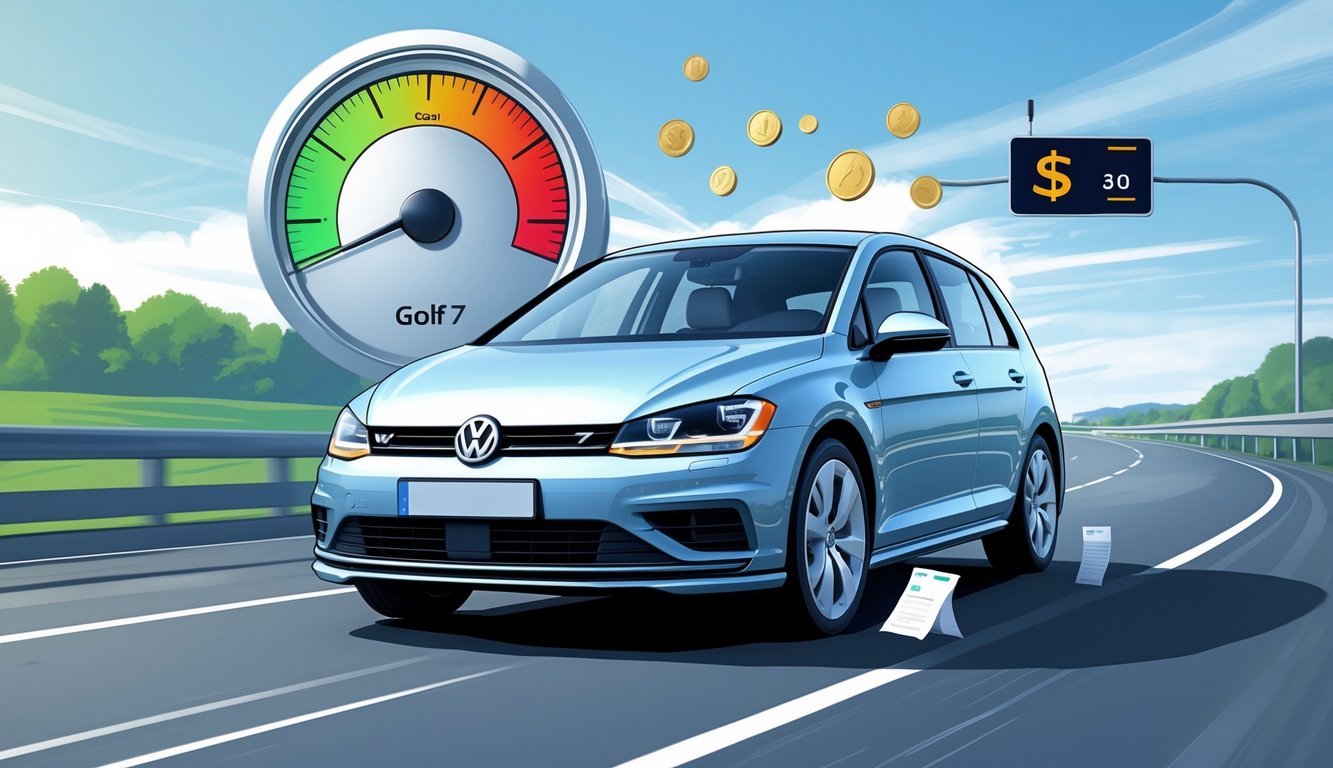 Golf 7 na cesti s prikazom simbola za potrošnju goriva i troškove vožnje.