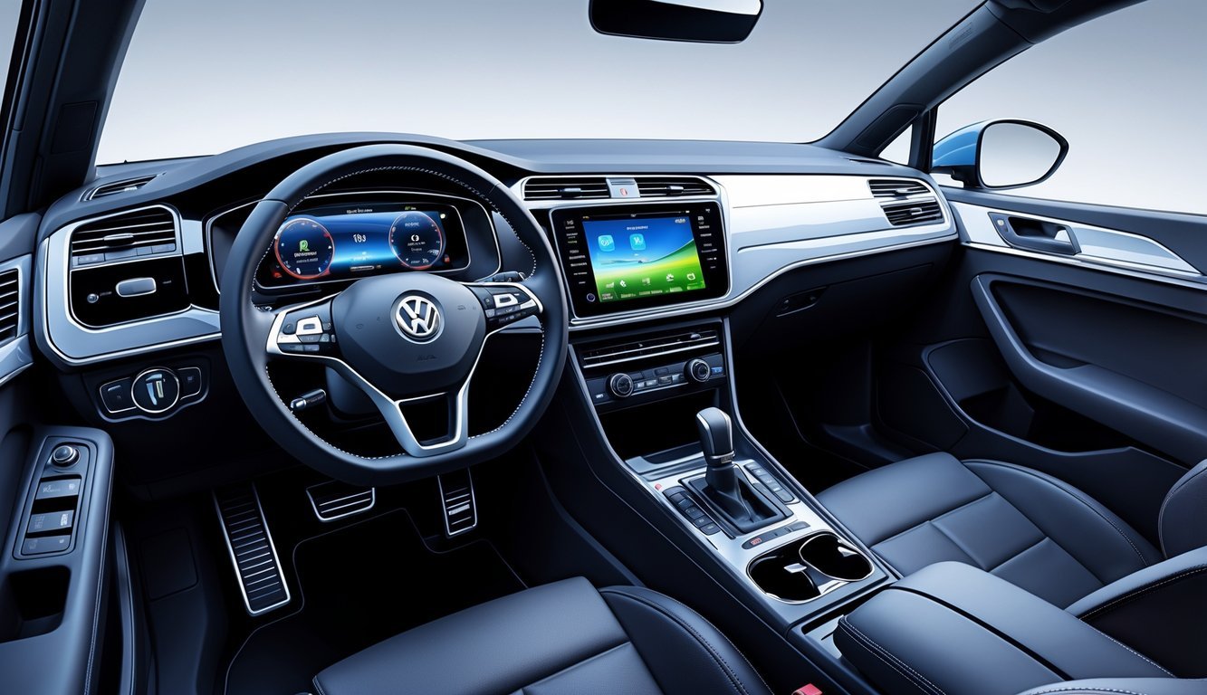 Unutrašnjost automobila Golf 6 s prikazom upravljačke ploče, sjedala i zaslona infotainment sustava.